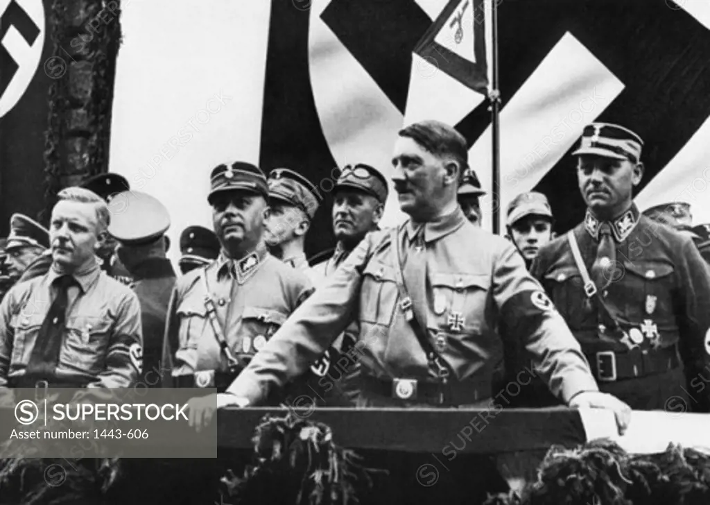 Adolf Hitler with Josef Wagner, Wilhelm Schepmann, Victor Lutze, SA Meeting, Dortmund, Germany, July 9, 1933