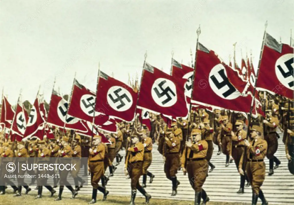 Group of soldiers walking with Nazi flags, Nuremberg Rally, Nuremberg, Germany, September 1933