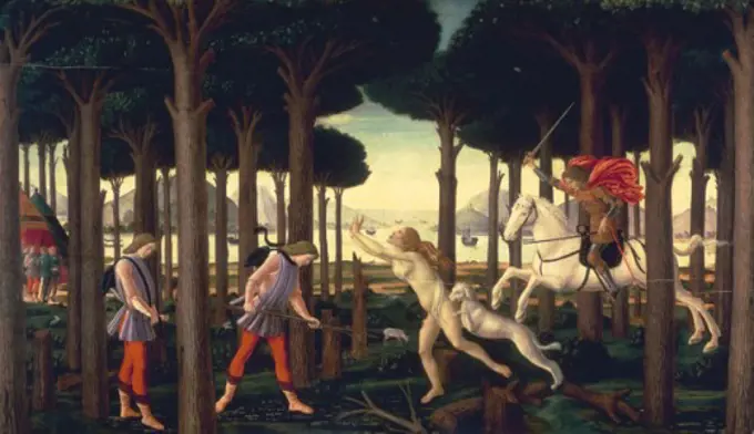 The Story of Nastagio degli Onesti: Nastagio's Nightly Vision of Ghostly Pursuit in Forest  1483 Sandro Botticelli (1444-1510 Italian) Tempera on wood Museo del Prado, Madrid, Spain