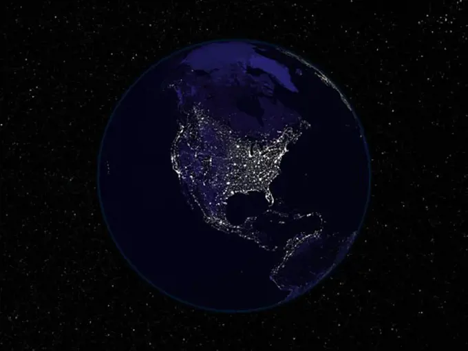 Satellite view of the Earth showing city lights at night