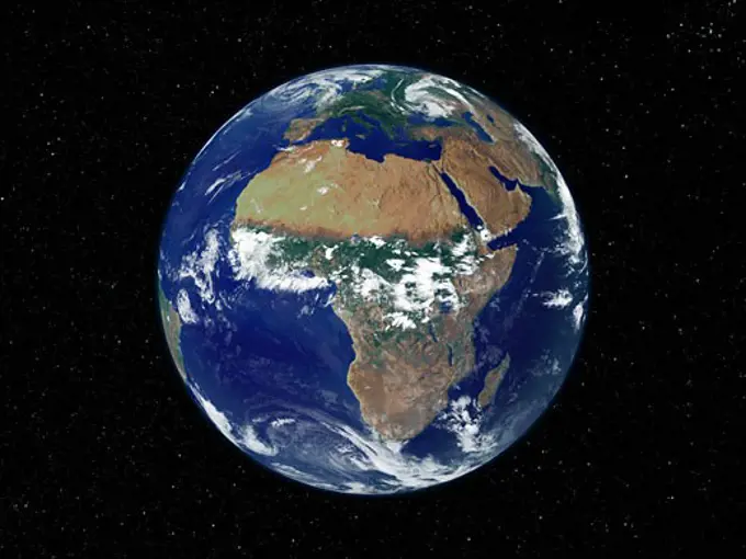 Satellite view of the Earth showing Africa and Europe