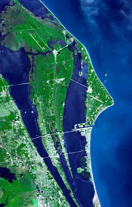 Satellite view of a spaceport, NASA Kennedy Space Center, Cape Canaveral, Florida, USA