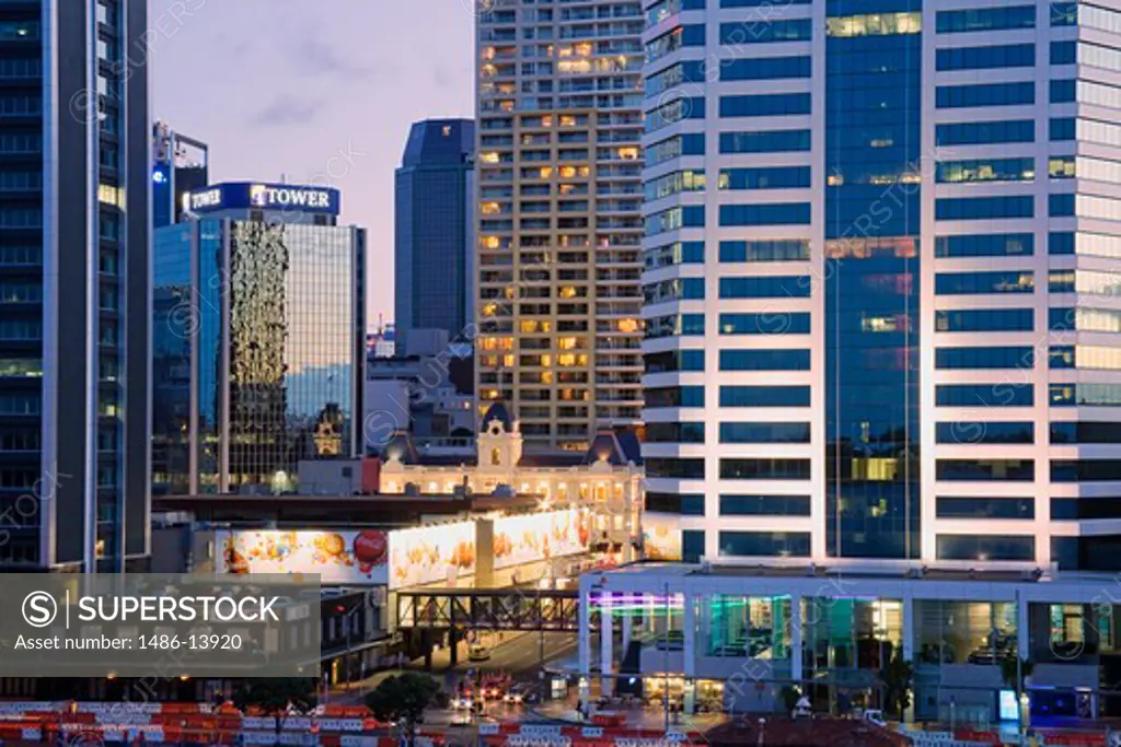 Buildings at dusk, Central Business District, Auckland, North Island, New Zealand