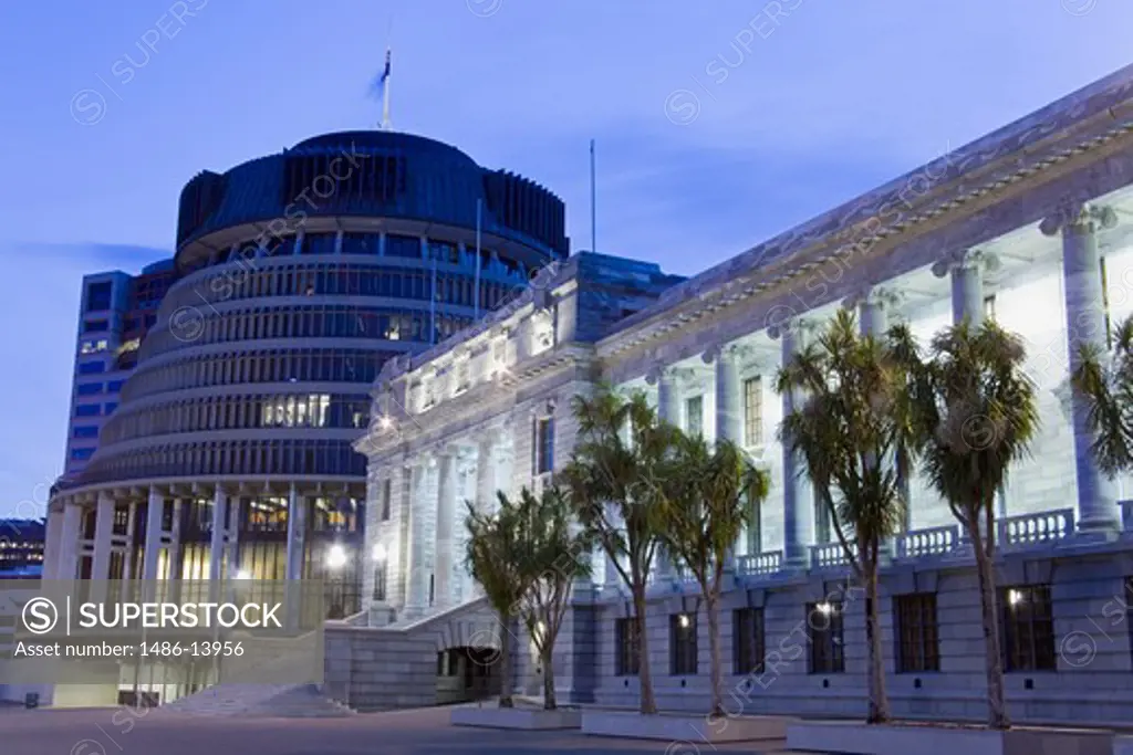 Beehive and Parliament Building at dusk, Wellington, North Island, New Zealand