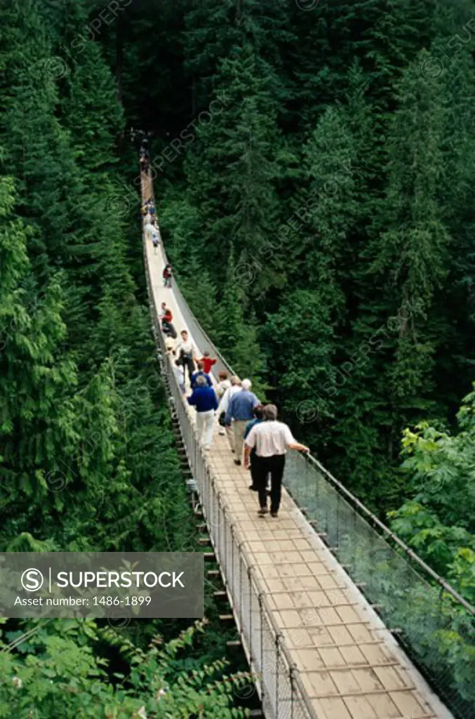 High angle view of tourists walking on a rope bridge, Capilano Suspension Bridge, Vancouver, British Columbia, Canada