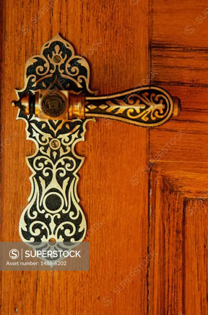 Close-up of an ornate door handle on a door, Old State Capitol, Baton Rouge, Louisiana, USA