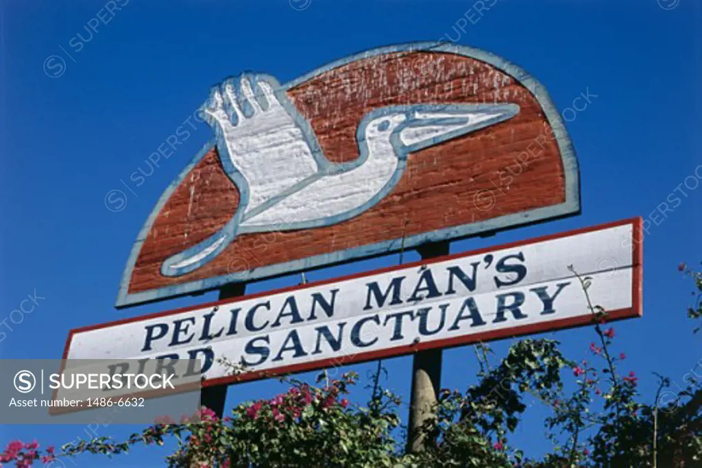 Low angle view of a sign, Pelican Man's Bird Sanctuary, Sarasota, Florida, USA