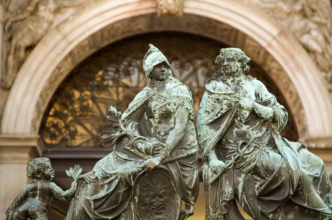 Low angle view of statues at the entrance of a campanile, Piazza San Marco, Venice, Italy