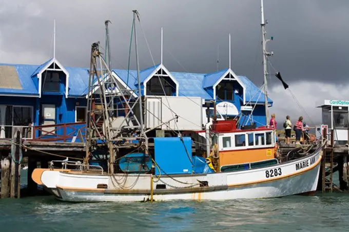 Fishing boat at the Main Wharf, Akaroa, Banks Peninsula, Canterbury, South Island, New Zealand