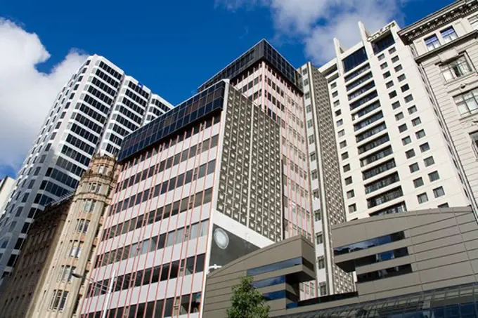 Low angle view of buildings, Queen Street, Central Business District, Auckland, North Island, New Zealand