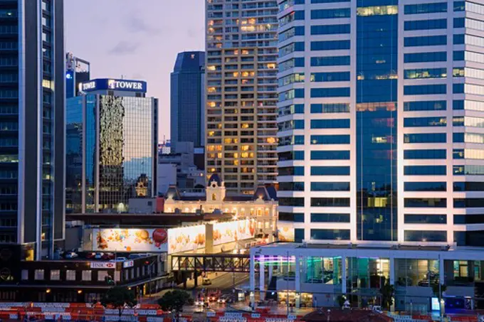 Buildings at dusk, Central Business District, Auckland, North Island, New Zealand