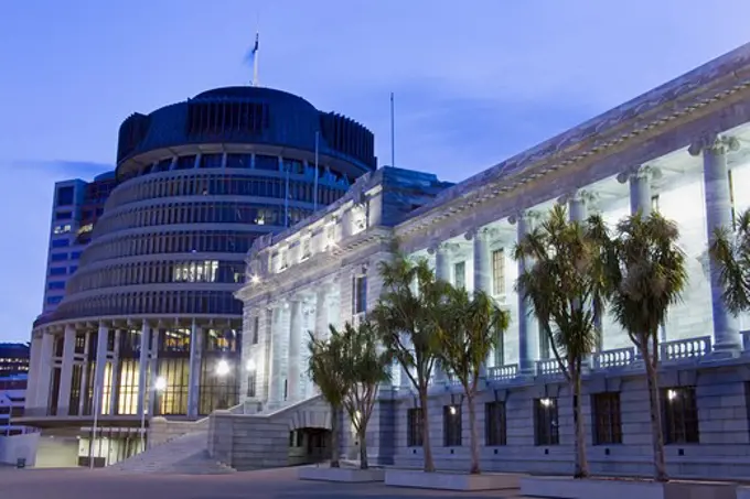 Beehive and Parliament Building at dusk, Wellington, North Island, New Zealand