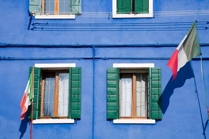 Italian flag on Burano Island, Venice, Italy, Europe