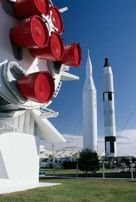 Low angle view of rockets and a space shuttle at a space center, Kennedy Space Center, Cape Canaveral, Florida, USA