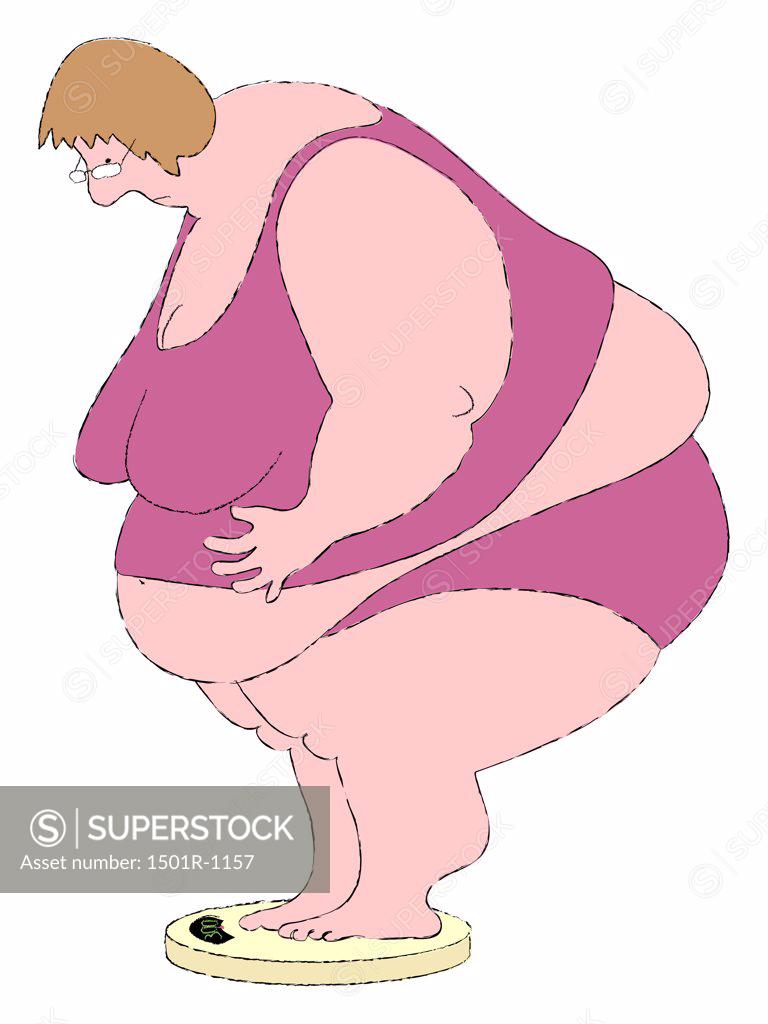 Fat woman standing on weight scale - SuperStock