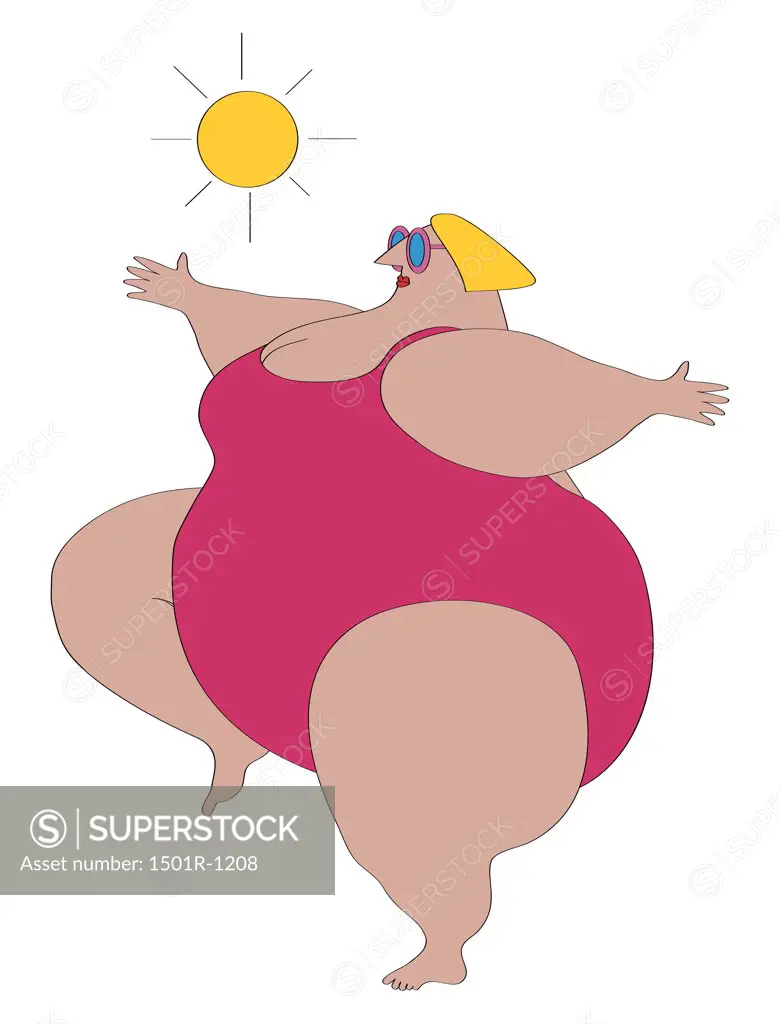 Overweight woman wearing swimsuit exercising, illustration