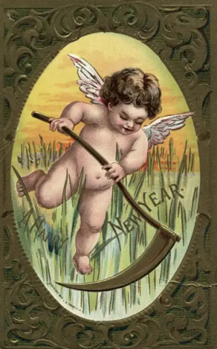 A Happy New Year (Angel with Sickle) Postcard Private Collection