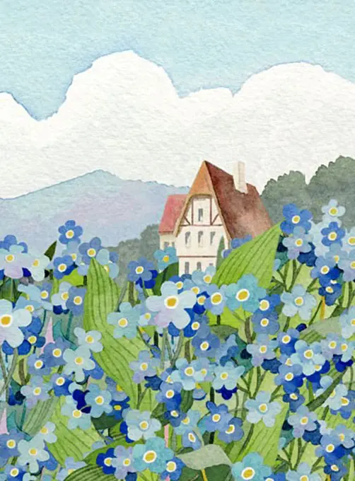 Forget-Me-Not Cottage Linda Braucht (20th C. American) Watercolor