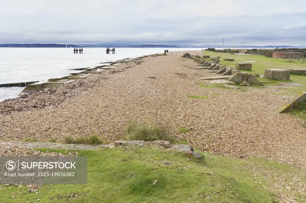 In World War Two this area of Lepe Beach was used for launching of Mulberry Harbours and Troops for the D-Day landings. Hampshire, England, United Kingdom.