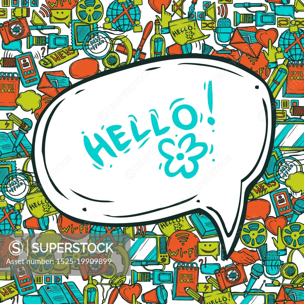 Communication concept with speech bubble and sketch conversation and media  elements vector illustration