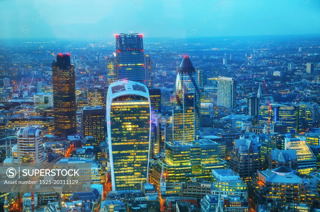 Aerial overview of the City of London financial ddistrict at night