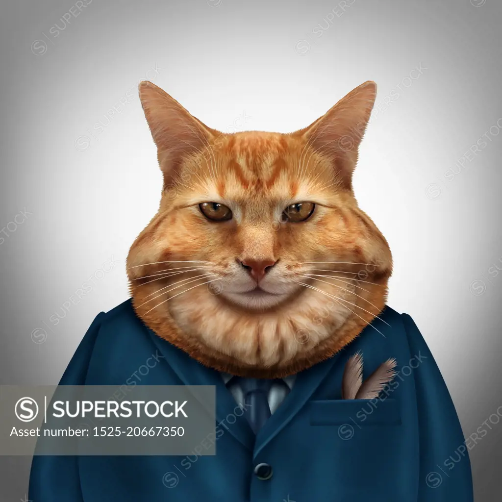 Business fat cat character as a feline tycoon businessman character as a symbol for a wealthy boss or a greedy and selfish magnate owner.