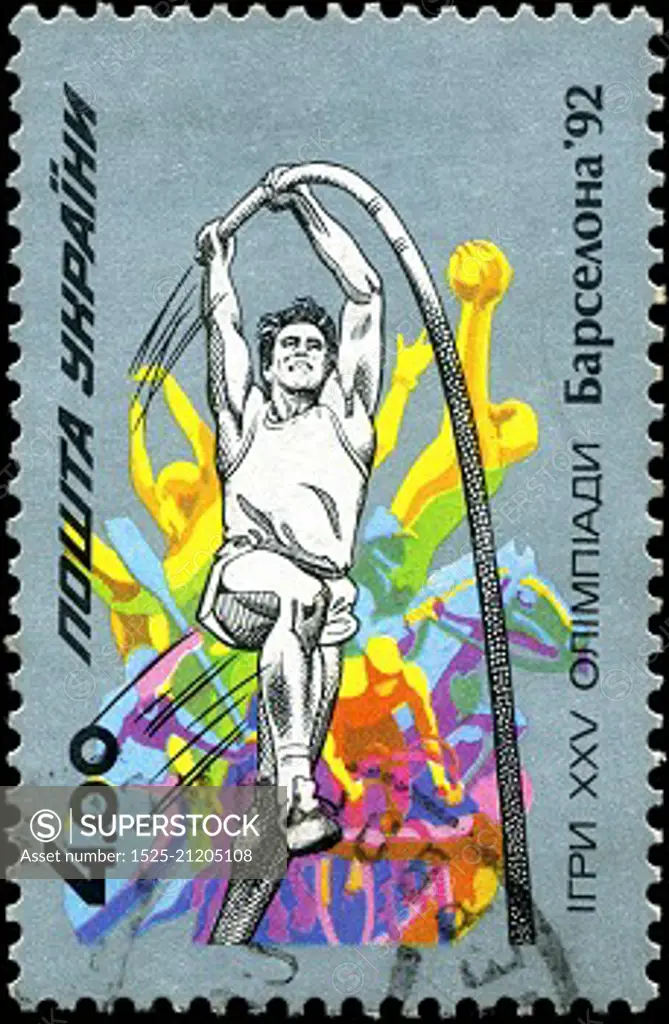 UKRAINE - CIRCA 1992: A stamp printed in Ukraine showing high jump with a pole, Olympic games in Barcelona, circa 1992