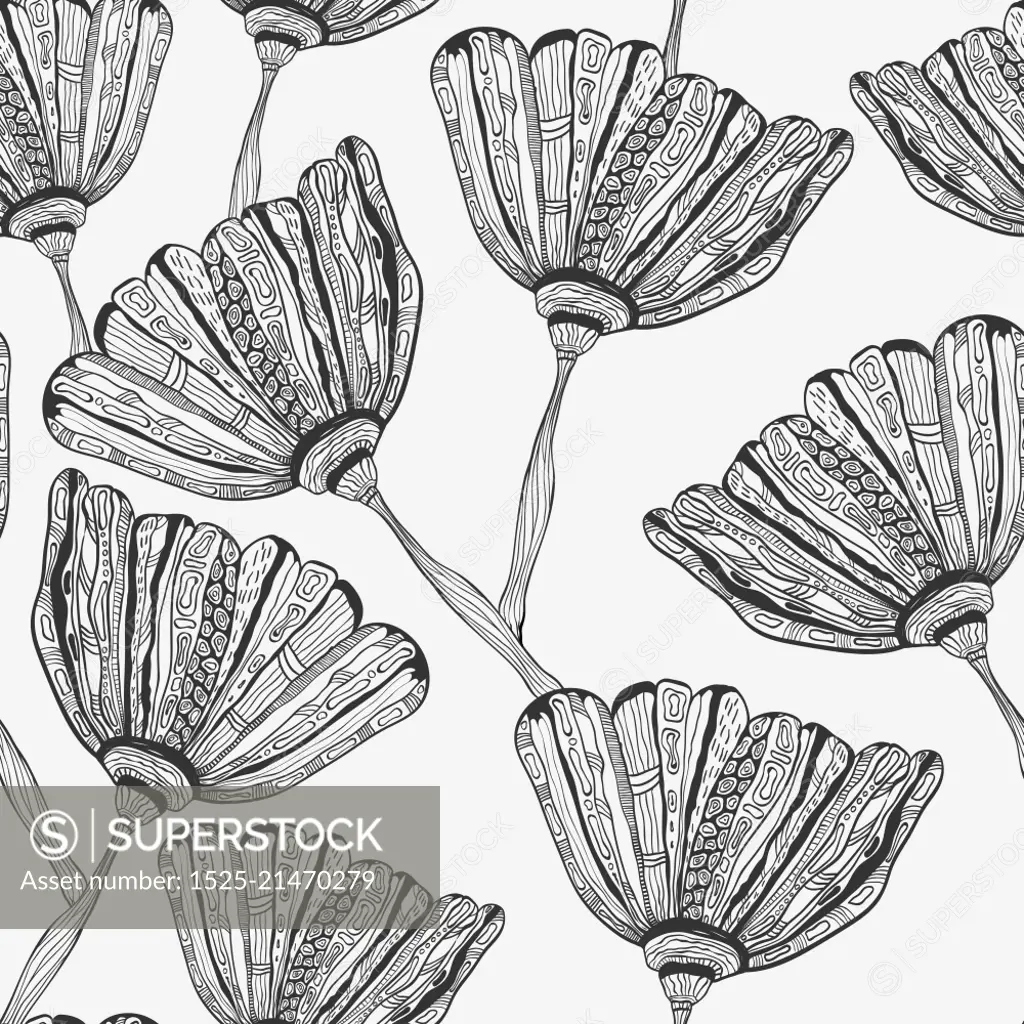 Vector Seamless Pattern with doodle hand drawn bizarre flowers, seamless pattern in swatch menu