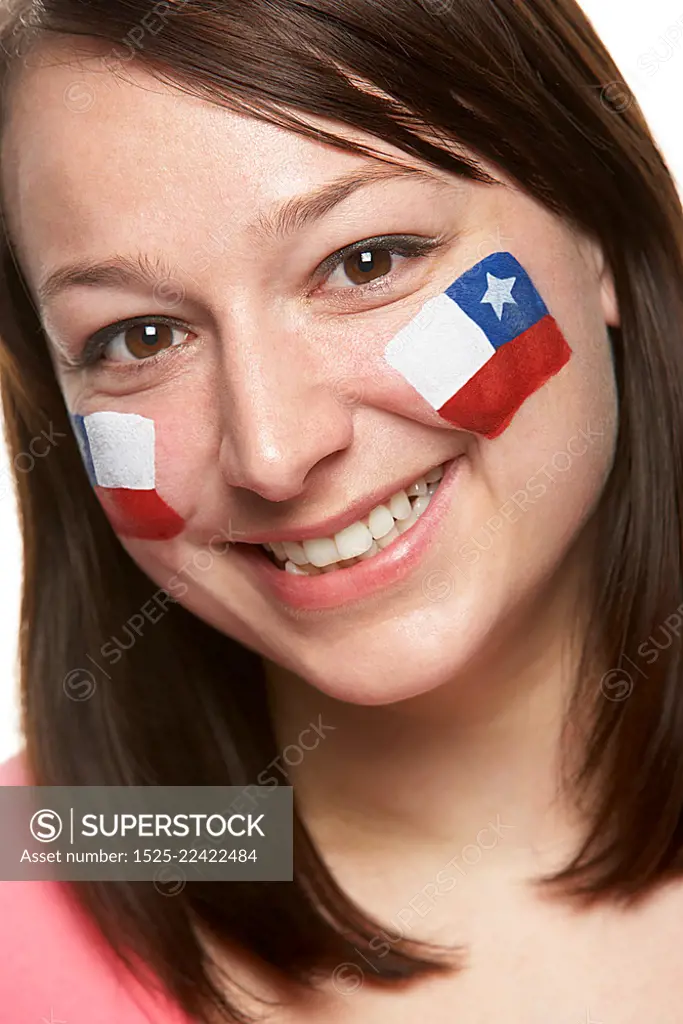 Young Female Sports Fan With Chilean Flag Painted On Face