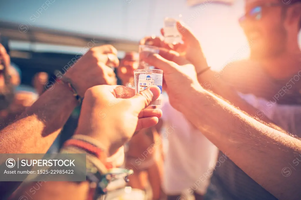 Closeup photo of a happy friends gathering together on openair party, with pleasure drinking alcohol beverage and having fun together