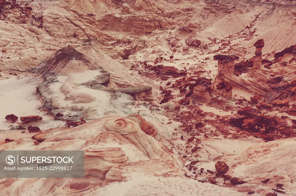 Sandstone formations in Utah, USA. Beautiful Unusual landscapes. Living coral color toning.