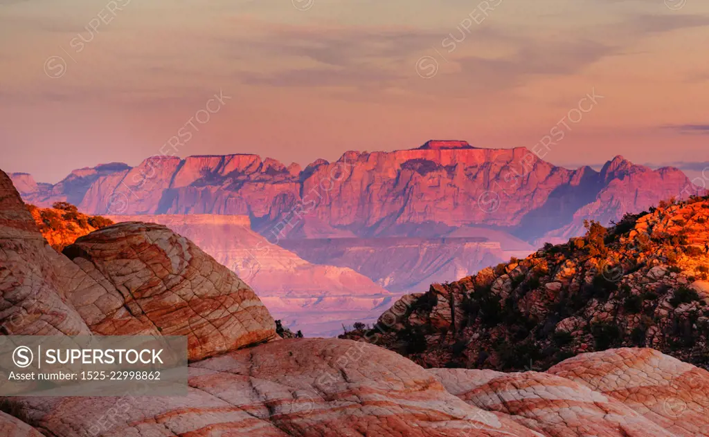 Zion National Park. Beautiful unspiring natural landscapes. Peak in Zion Park at sunset.