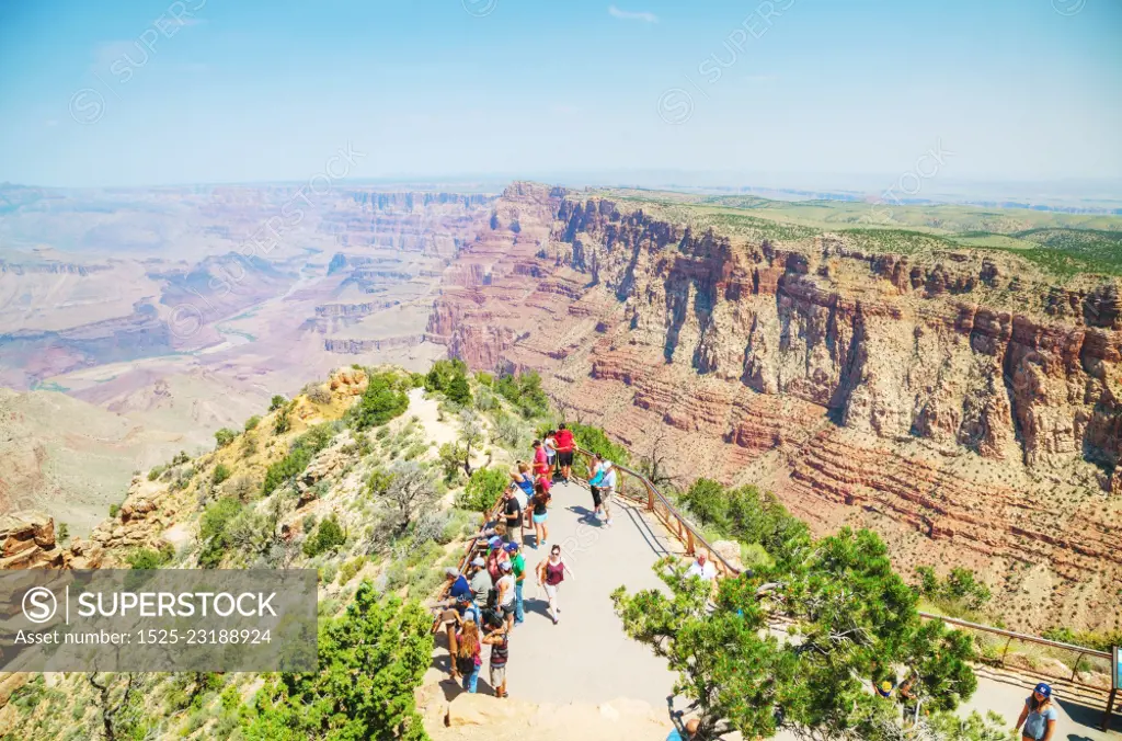 GRAND CANYON VILLAGE, AZ - AUGUST 20: Crowded with people Desert View Watchtower point at the Grand Canyon National park on August 20, 2015 in Grand Canyon Village, AZ.