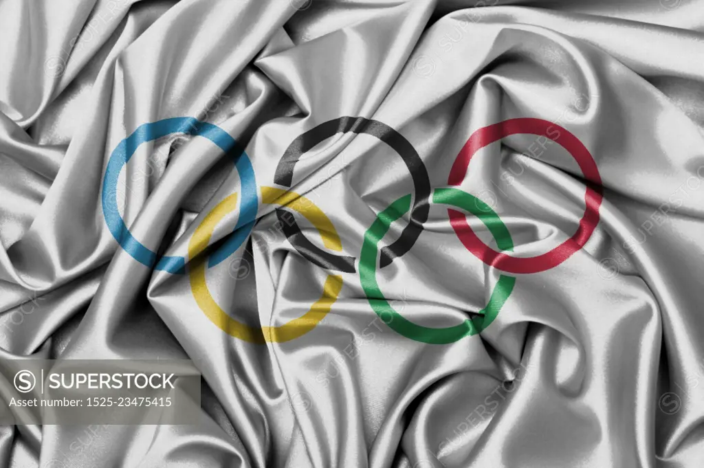 Satin flag with emblem, the olympic  rings