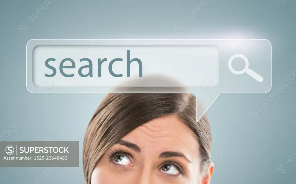 Technology, searching system and internet concept - woman looking at Search engine button overhead