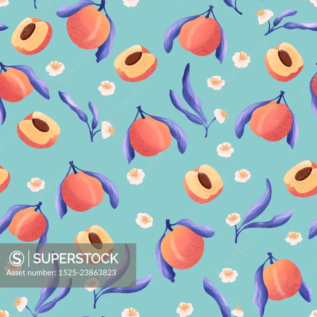 Seamless pattern with hand drawn peaches and floral elements. Fruit and floral design in bright colors. Colorful illustration.