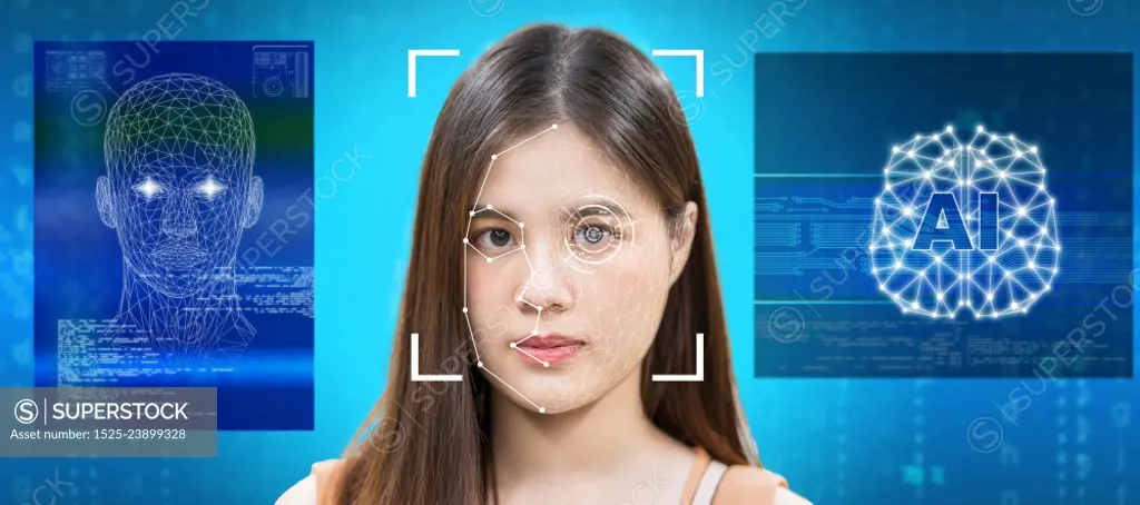 surveillance and safety concept, Asian women using Face detection and Facial Recognition technology with AI and Brain platform for access permission