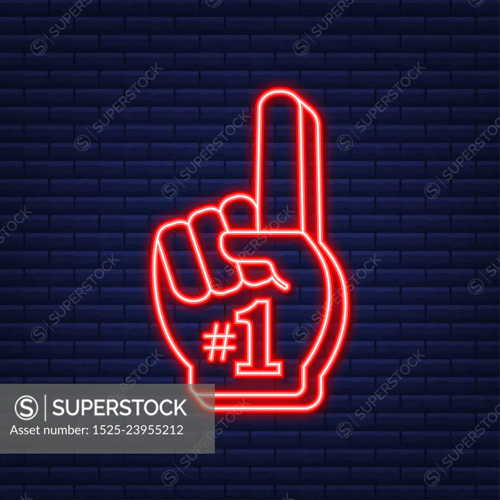 Fan logo hand with finger up. Hand up with number 1. Neon icon. Vector illustration. Fan logo hand with finger up. Hand up with number 1. Neon icon. Vector illustration.