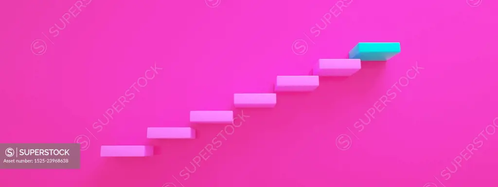 pink stairs leading to blue top step, top level or career, 3D rendering, panoramic image