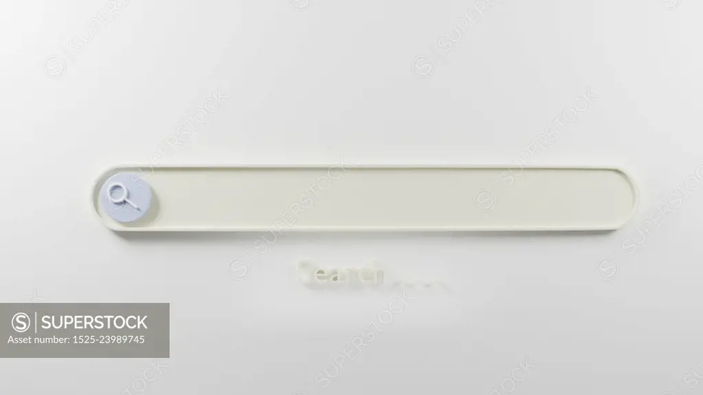 Blank search bar button with magnifying glass on white background, creative web searching design element, Browsing internet data box concept, 3D rendering illustration