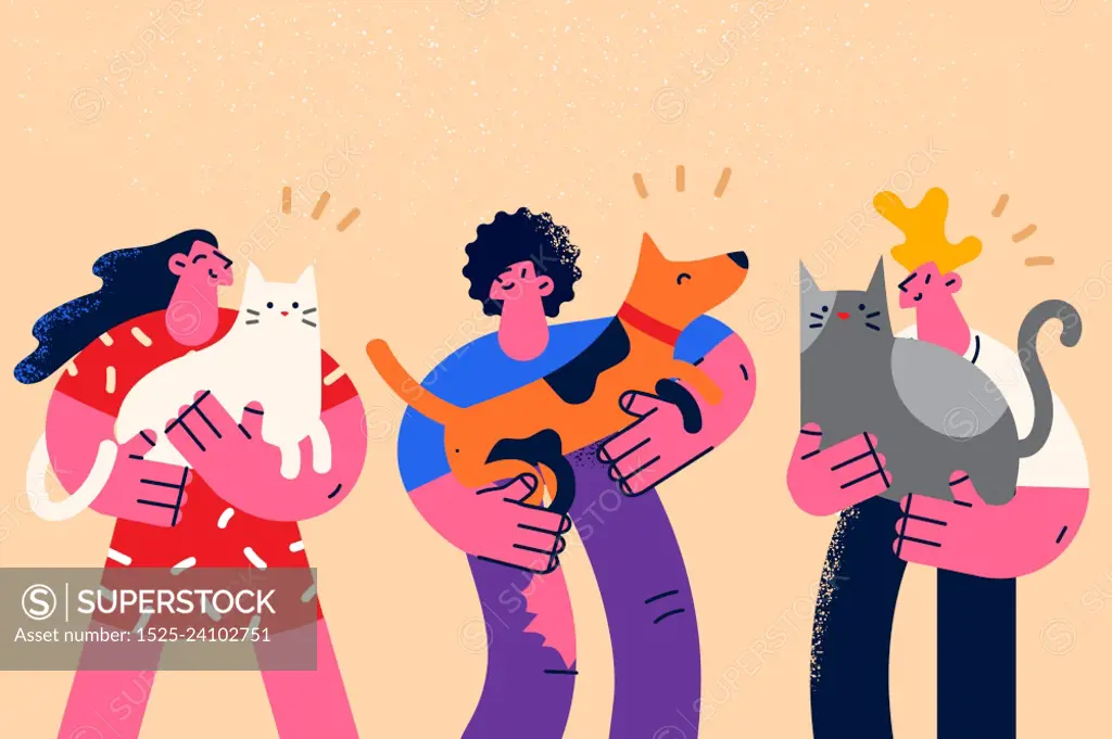 Happy diverse people hold in arms cats and dogs show love and care. Smiling men and women with domestic pets. Saving animal from shelter. Human and puppy friendship. Flat vector illustration. . Happy people hold domestic animals cats and dogs 