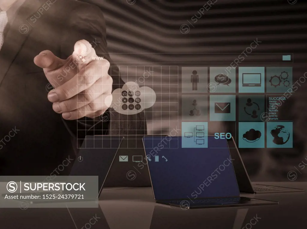 businessman hand working with www. written in search bar on modern computer interface