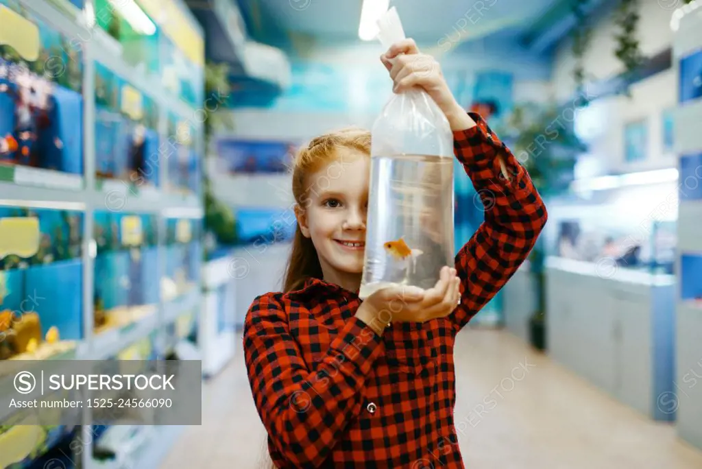 Happy little girl looking on goldfish in pet store. Child buying equipment in petshop. Happy little girl looking on goldfish in pet store