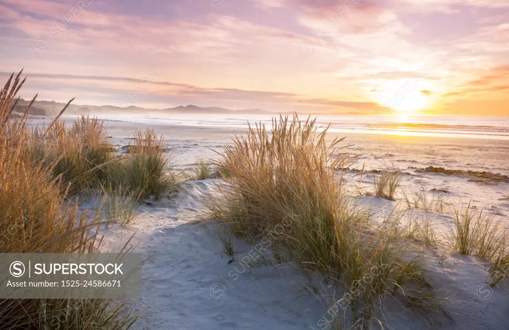 Beautiful Sunset at the Ocean Beach, New Zealand. Inspiring natural and travel background