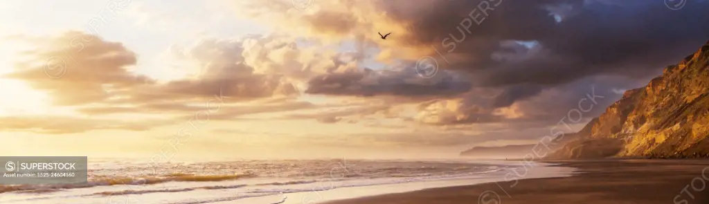 Beautiful landscapes it the Ocean Beach, New Zealand. Inspiring natural and travel background