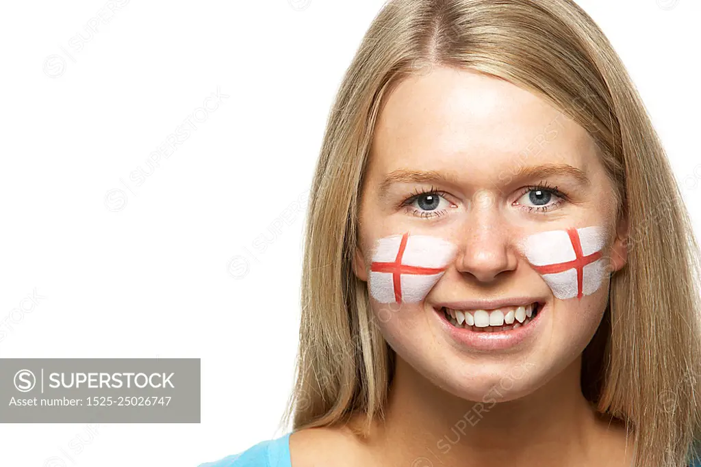 Young Female Sports Fan With St Georges Flag Painted On Face