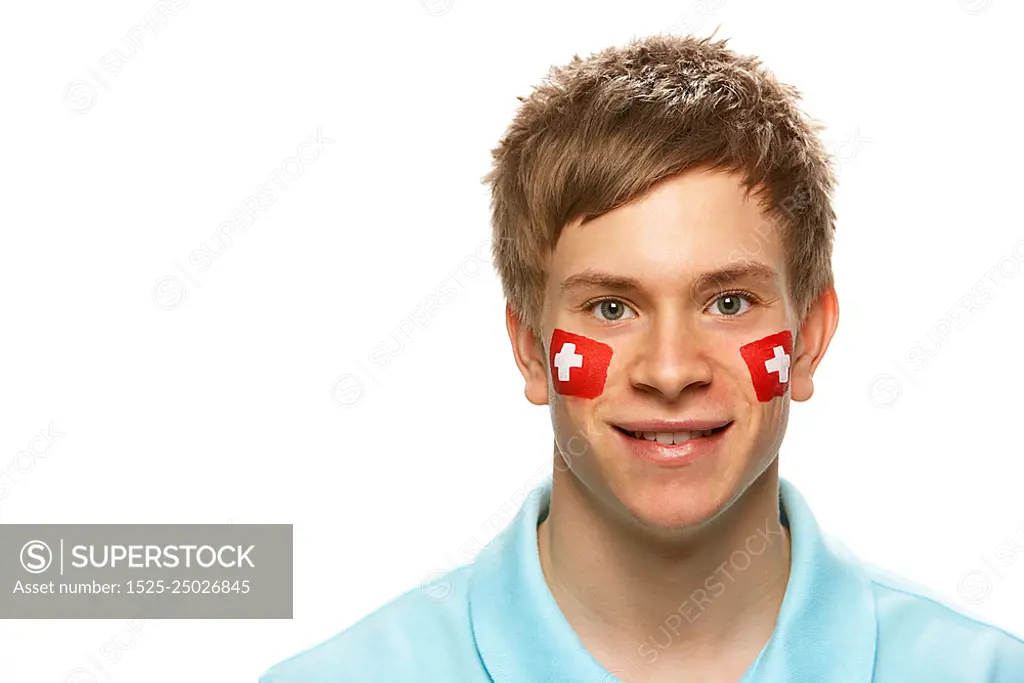 Young Male Sports Fan With Swiss Flag Painted On Face