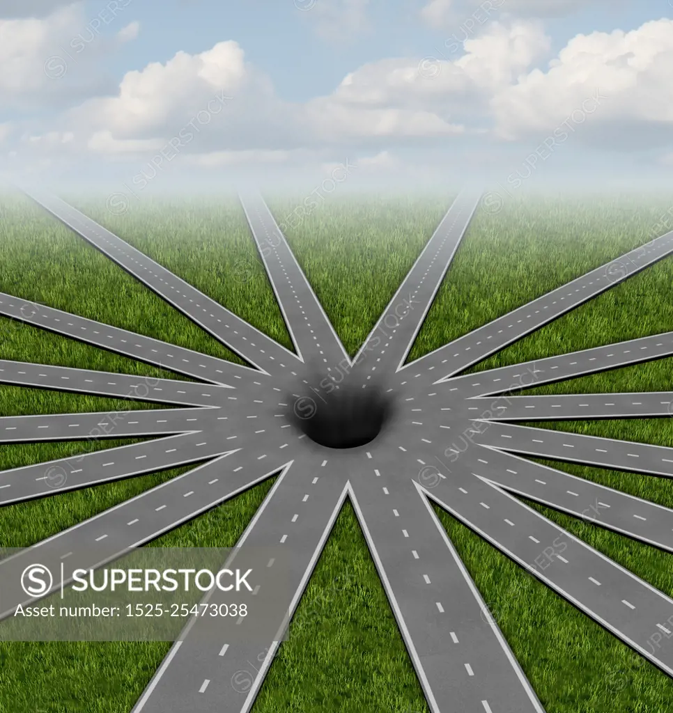 Pit hole or pithole unavoidable road of life concept and choices or strategies symbol represented by a network of roads and highways merging to a center crater or gap showing all options and paths available lead to a challenge as a 3D render.