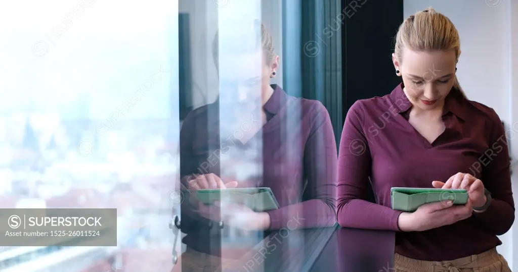 Business Woman Using Digital Tablet in corporate office by window