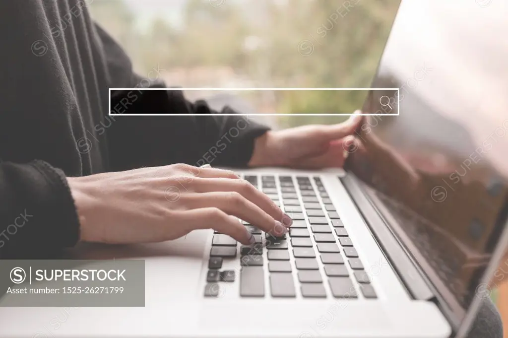 Searching information data on internet networking concept. Women use laptop to search the internet, what they are interested in. Searching engine with blank search bar. Searching information data on internet networking concept. Women use laptop to search the internet, what they are interested in. Searching engine with blank search bar.